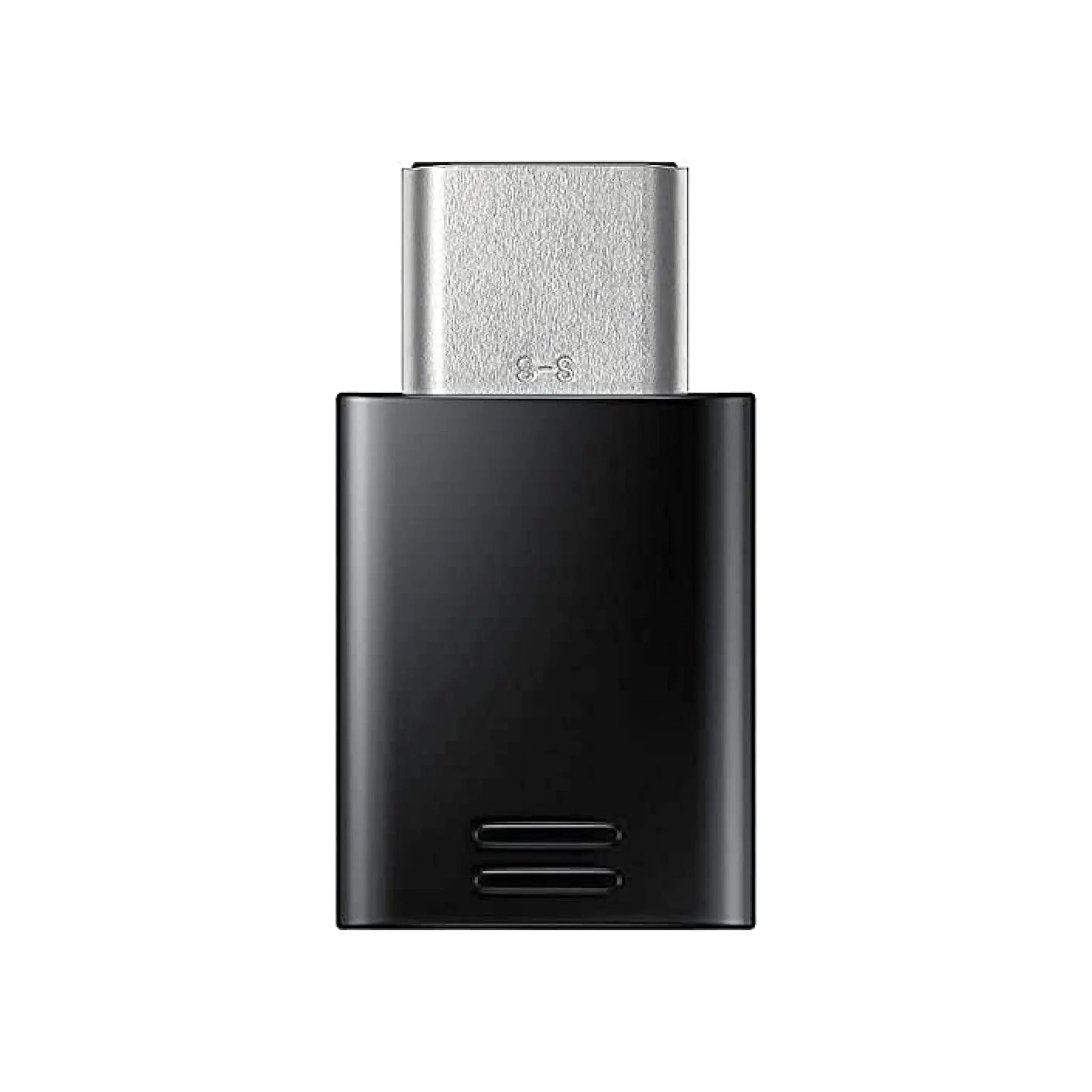 Das Bild zeigt den Samsung EE-GN930 Adapter in Schwarz – USB-C auf Micro-USB Konverter für das Laden und die Datenübertragung. Von dem Adapter wird die Rückseite abgebildet.