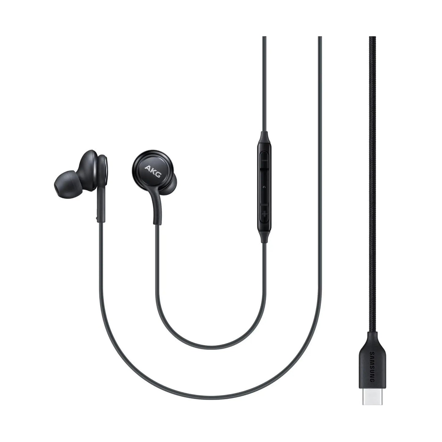 Das Bild zeigt die Samsung EO‑IC100 In‑Ear‑Kopfhörer in Schwarz aus der Frontansicht.