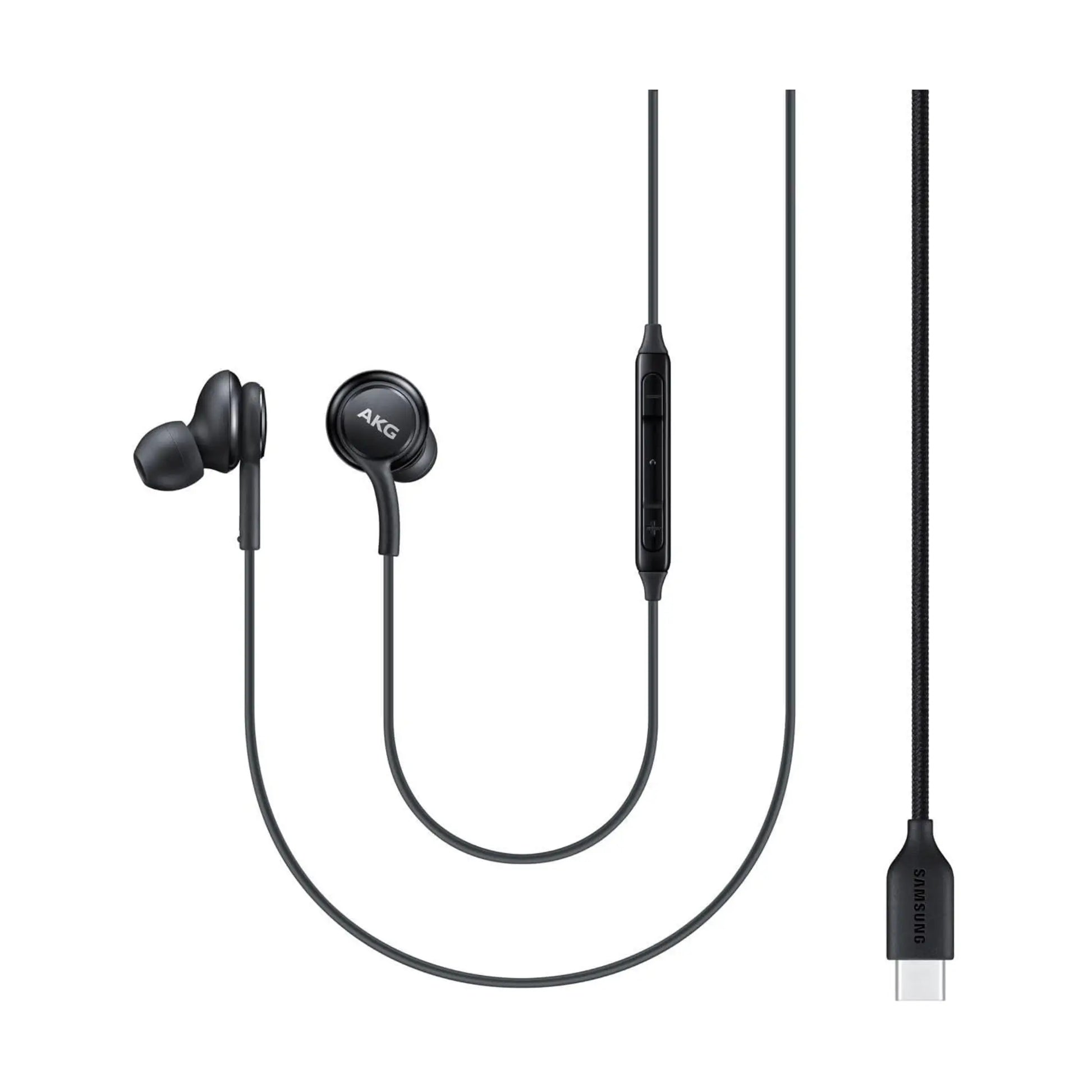 Das Bild zeigt die Samsung EO‑IC100 In‑Ear‑Kopfhörer in Schwarz aus der Frontansicht.