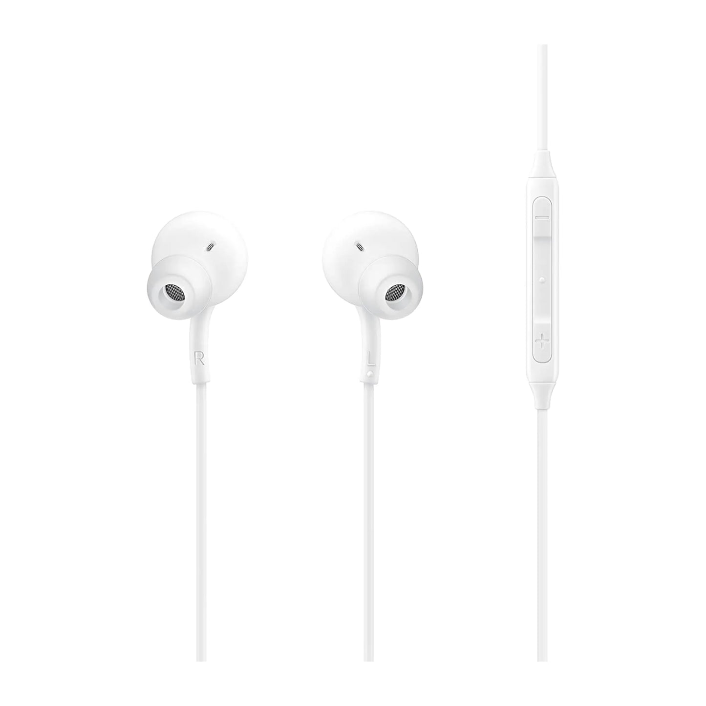 Das Bild zeigt die Samsung EO‑IC100 In‑Ear‑Kopfhörer in Weiß aus der Nahansicht.