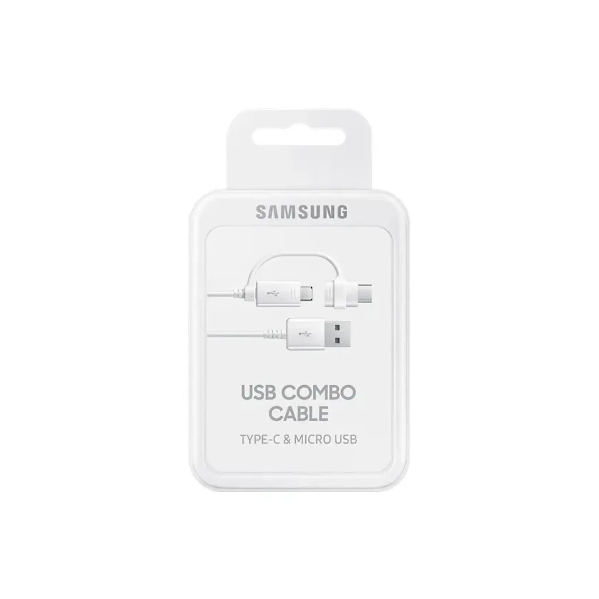 Das Bild zeigt das Samsung EP‑DG930 2‑in‑1 Datenkabel (Micro‑USB und USB‑C) in der Originalverpackung.