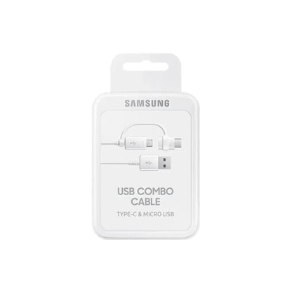 Das Bild zeigt das Samsung EP‑DG930 2‑in‑1 Datenkabel (Micro‑USB und USB‑C) in der Originalverpackung.