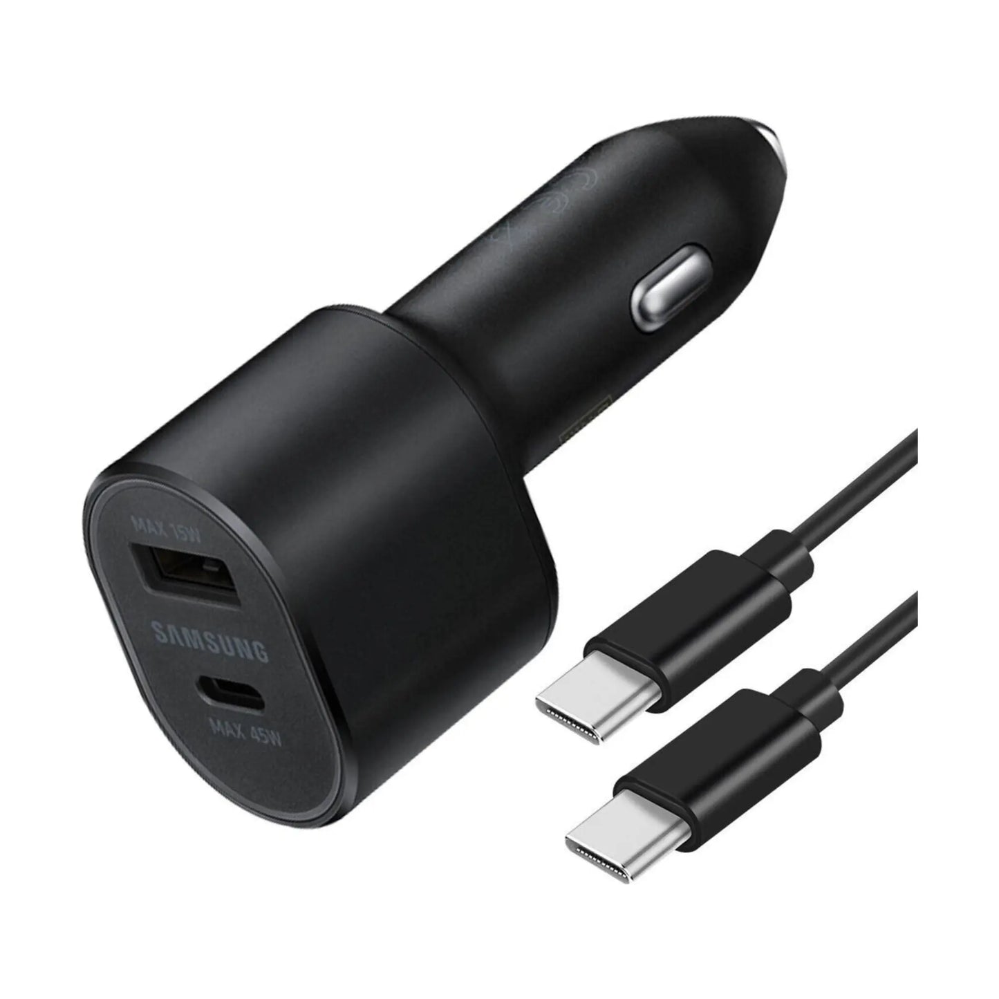 Das Bild zeigt das Samsung EP-L5300XBEGWW KFZ-Ladegerät 45W inkl. Ladekabel USB-C in Schwarz aus der Frontansicht.