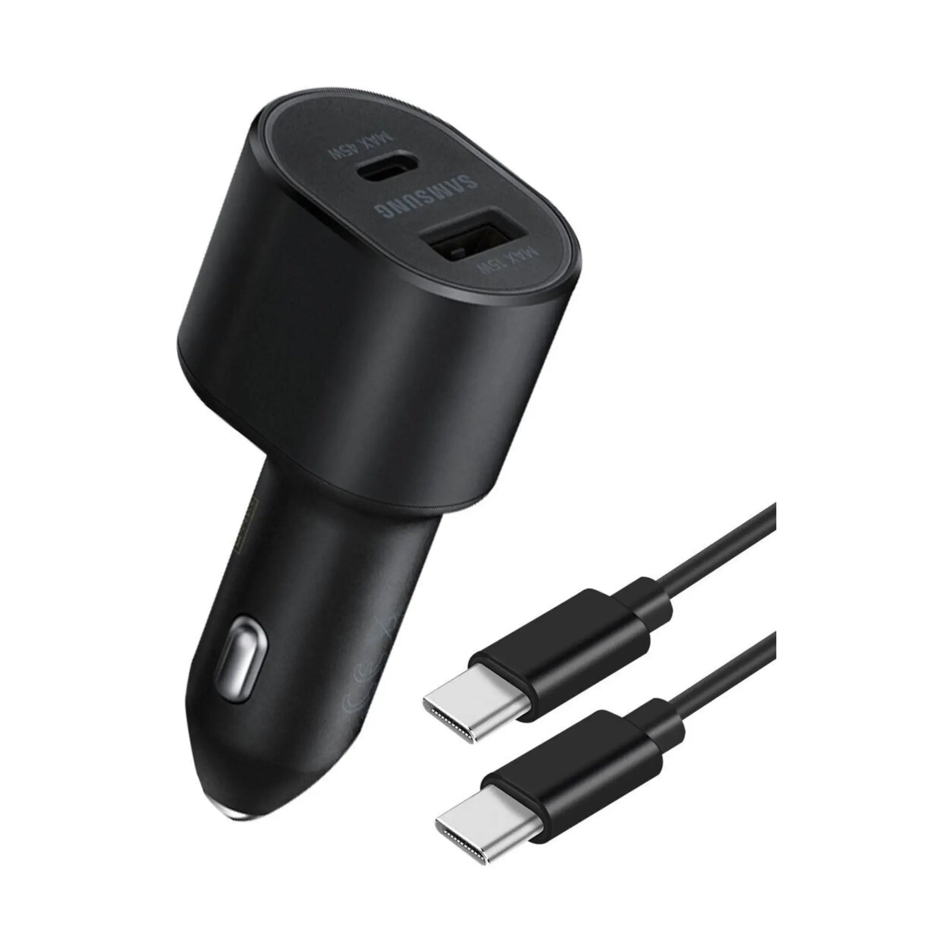 Das Bild zeigt das Samsung EP-L5300XBEGWW KFZ-Ladegerät 45W inkl. Ladekabel USB-C in Schwarz aus der Seitenansicht.