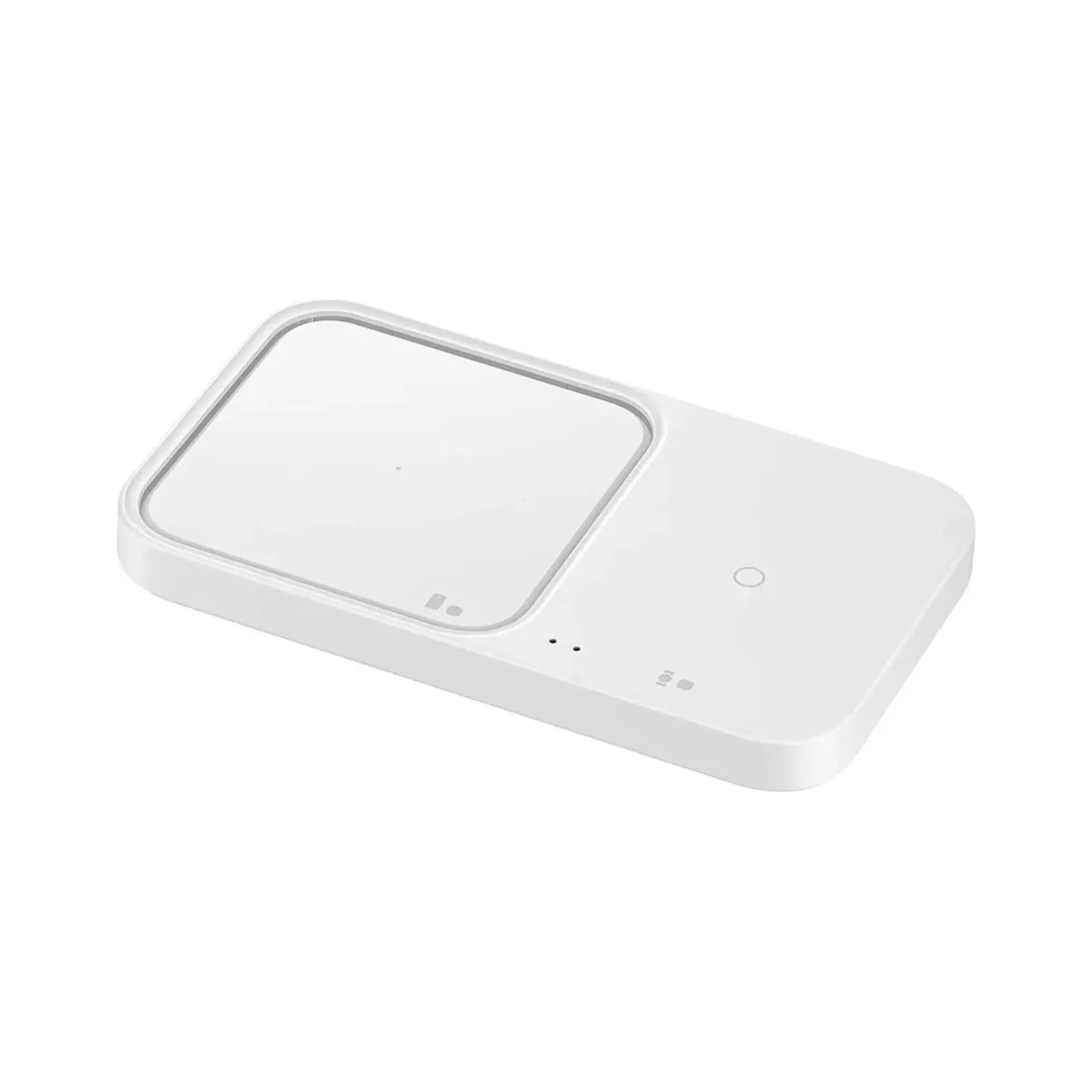 Das Bild zeigt das Samsung EP-P5400 Wireless Charger Pad Duo in Weiß aus der Schrägansicht.
