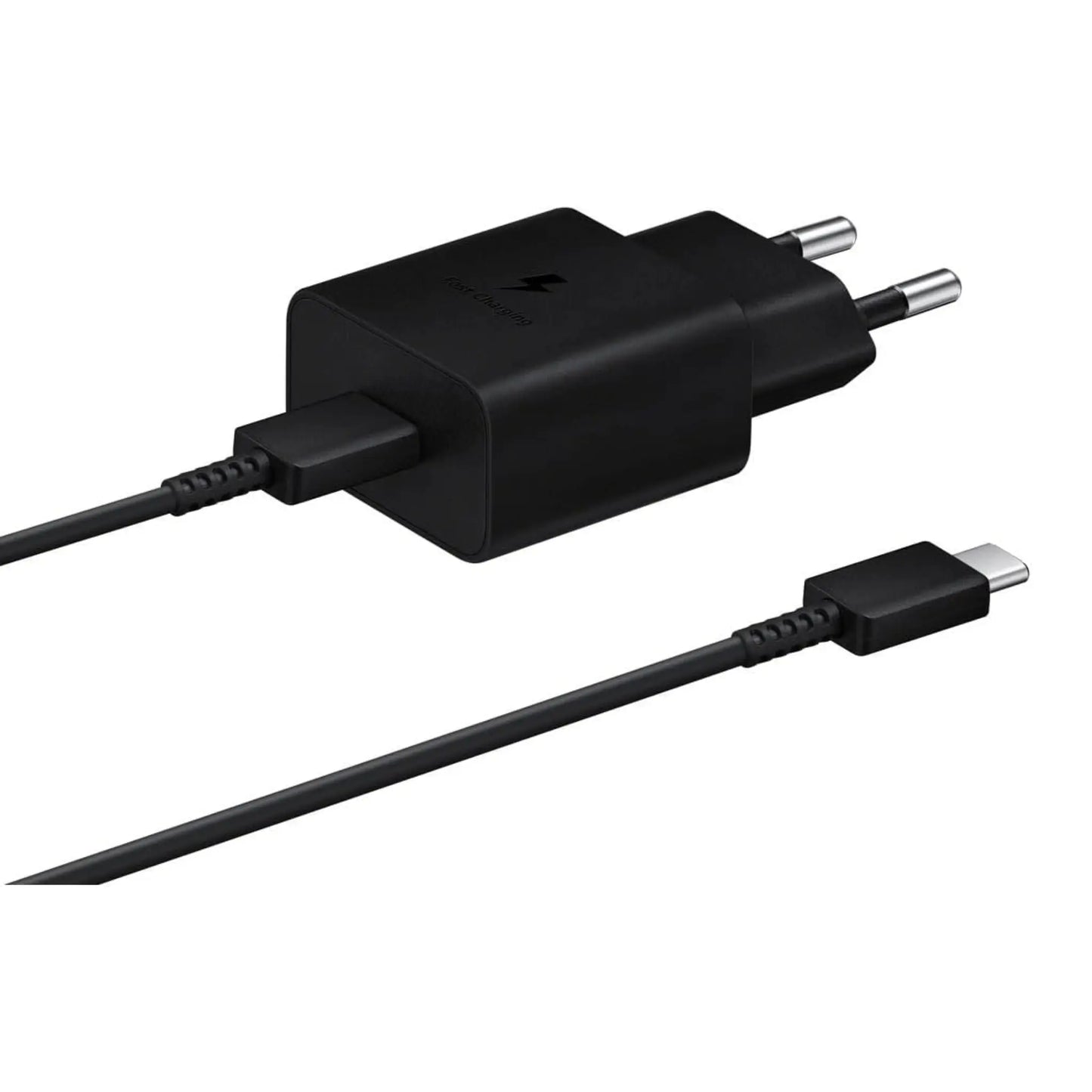 Das Bild zeigt das Samsung EP-T1510 Ladegerät mit 15 W inklusive USB-C-Ladekabel in Schwarz.