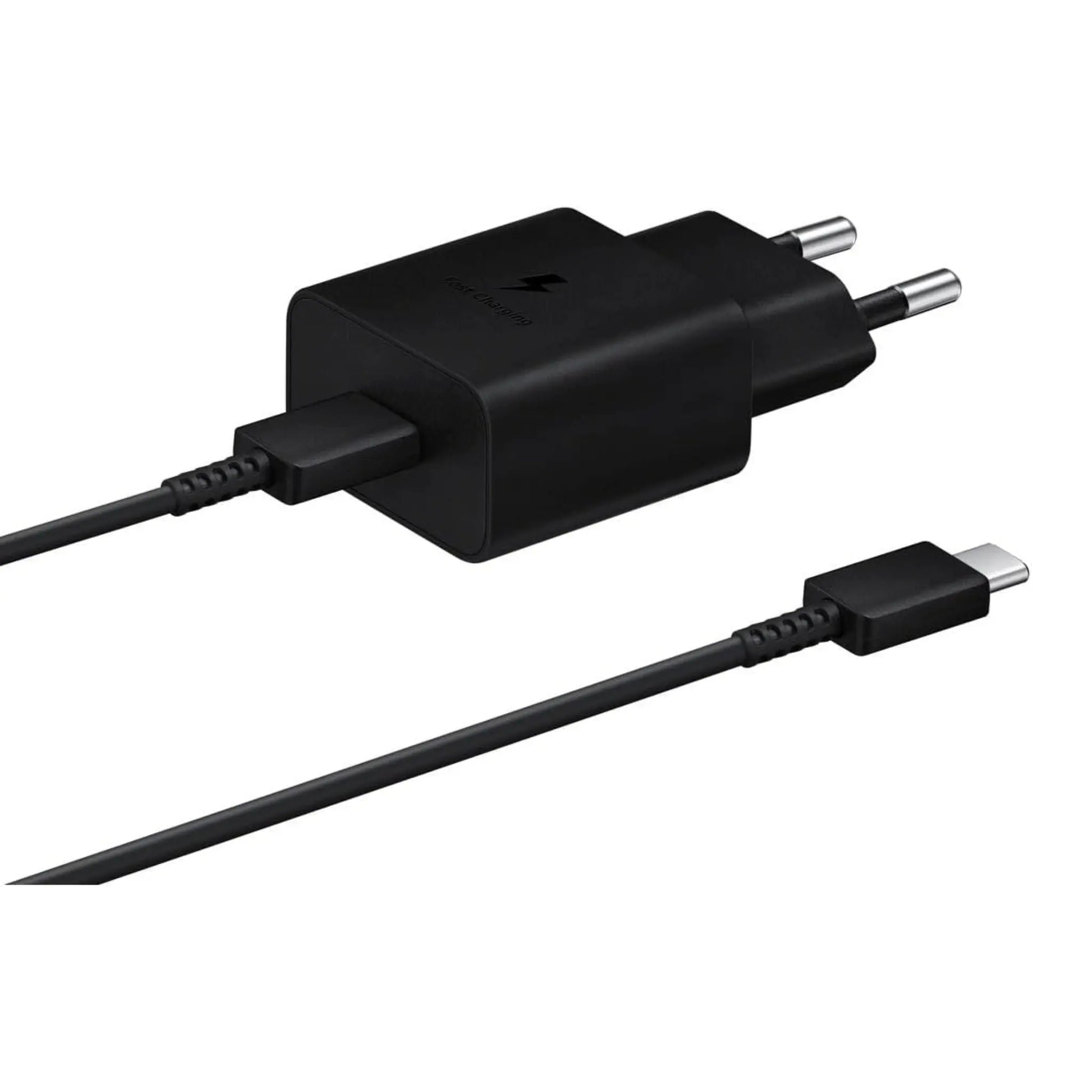 Das Bild zeigt das Samsung EP-T1510 Ladegerät mit 15 W inklusive USB-C-Ladekabel in Schwarz.