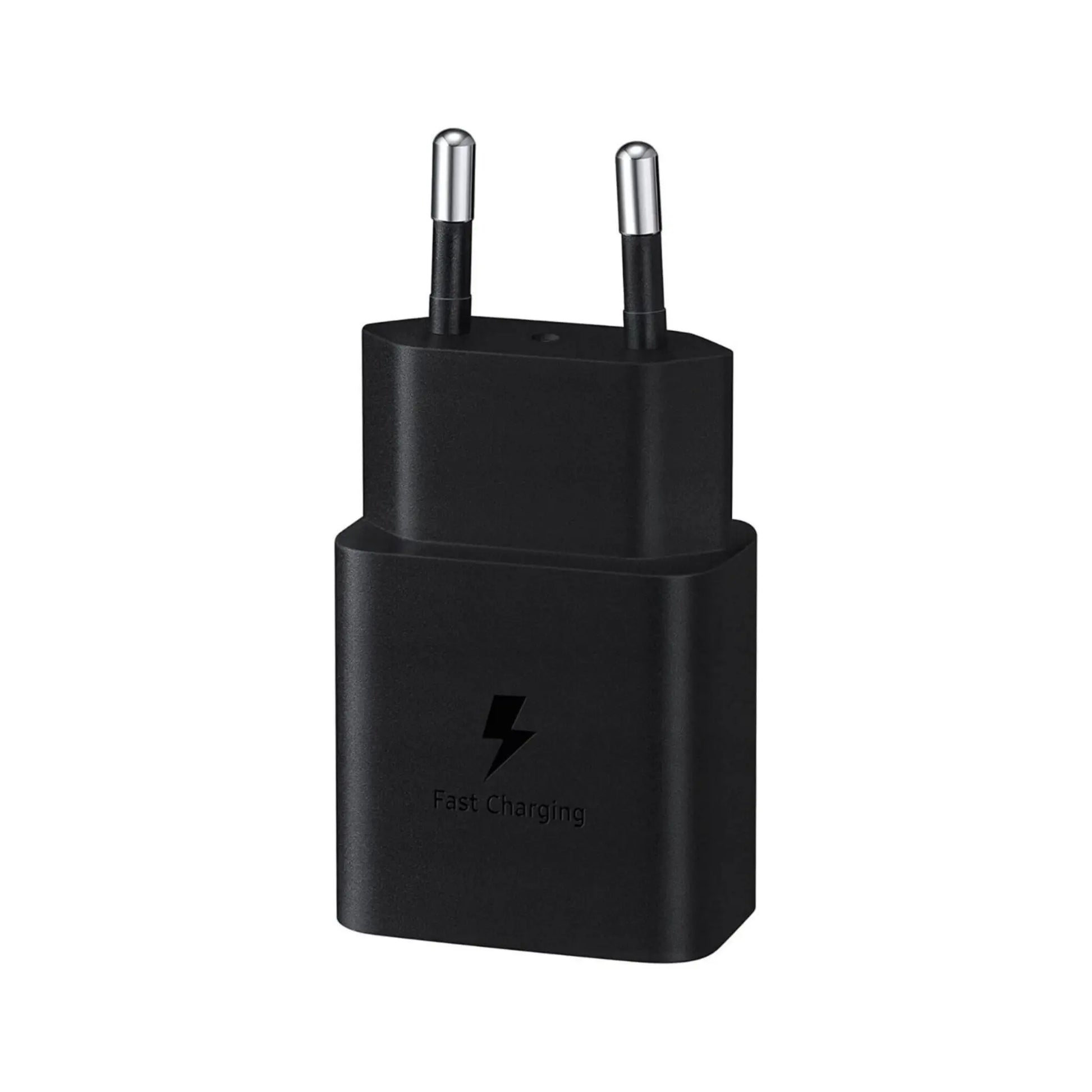 Das Bild zeigt das Samsung EP-T1510 Ladegerät mit 15 W in Schwarz aus der Frontansicht.