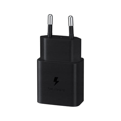 Das Bild zeigt das Samsung EP-T1510 Ladegerät mit 15 W in Schwarz aus der Frontansicht.