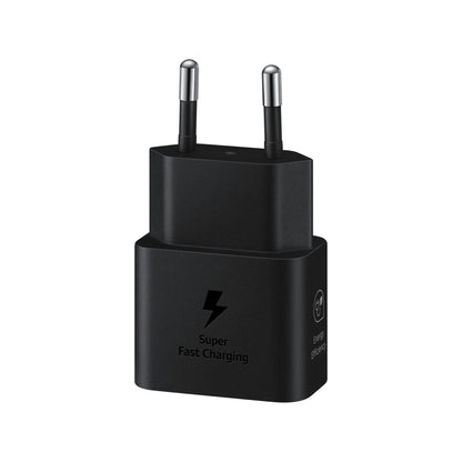 Das Bild zeigt das Samsung EP‑T2510N Ladegerät mit 25 W in Schwarz aus der Frontansicht.