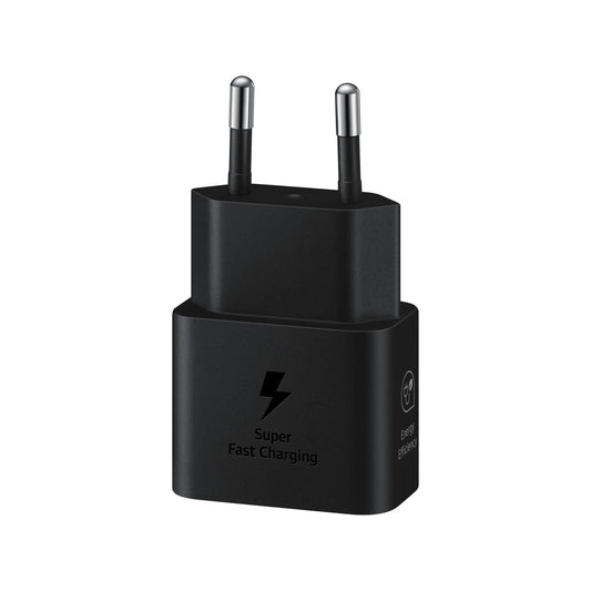 Das Bild zeigt das Samsung EP‑T2510N Ladegerät mit 25 W in Schwarz aus der Frontansicht.