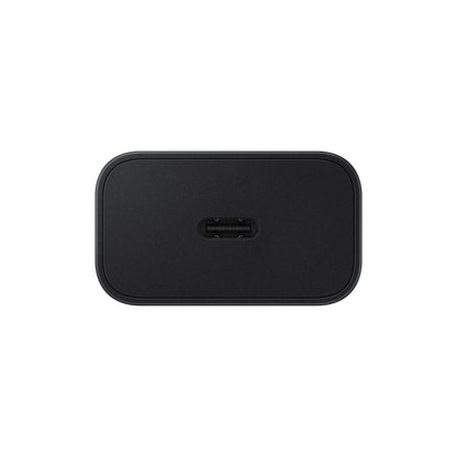 Das Bild zeigt das Samsung EP‑T2510N Ladegerät mit 25 W in Schwarz aus der Detailansicht.