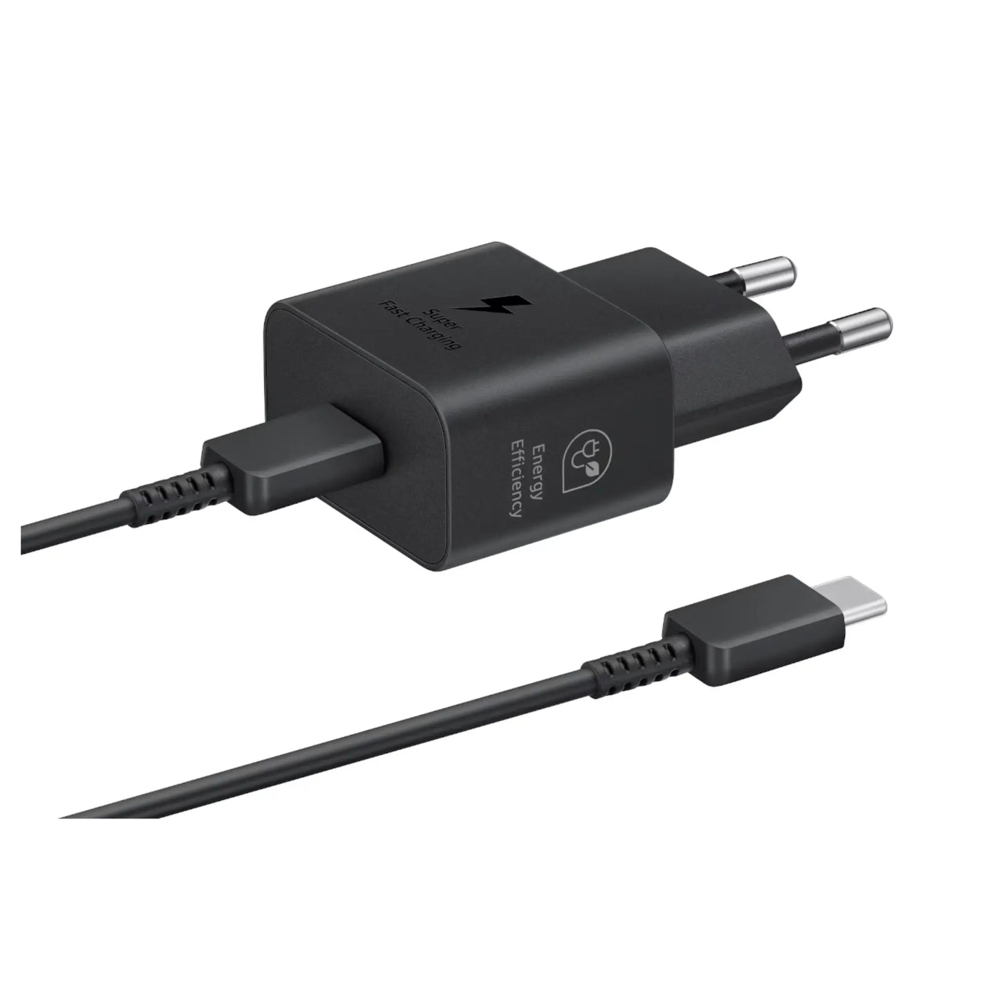Samsung EP-T2510N Ladegerät 25W mit USB-C Anschluss und Ladekabel in Schwarz.