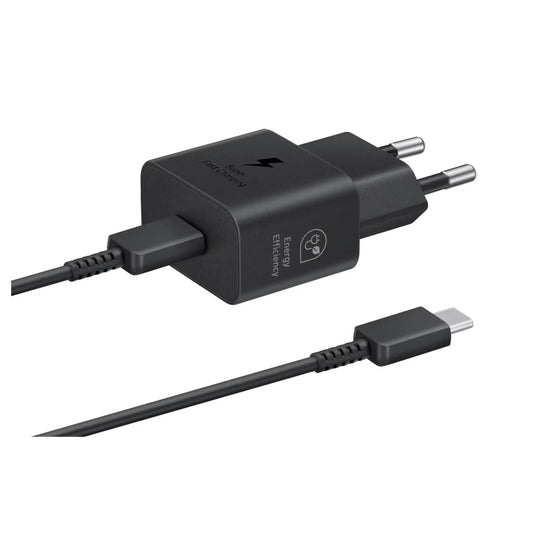 Samsung EP-T2510N Ladegerät 25W mit USB-C Anschluss und Ladekabel in Schwarz.