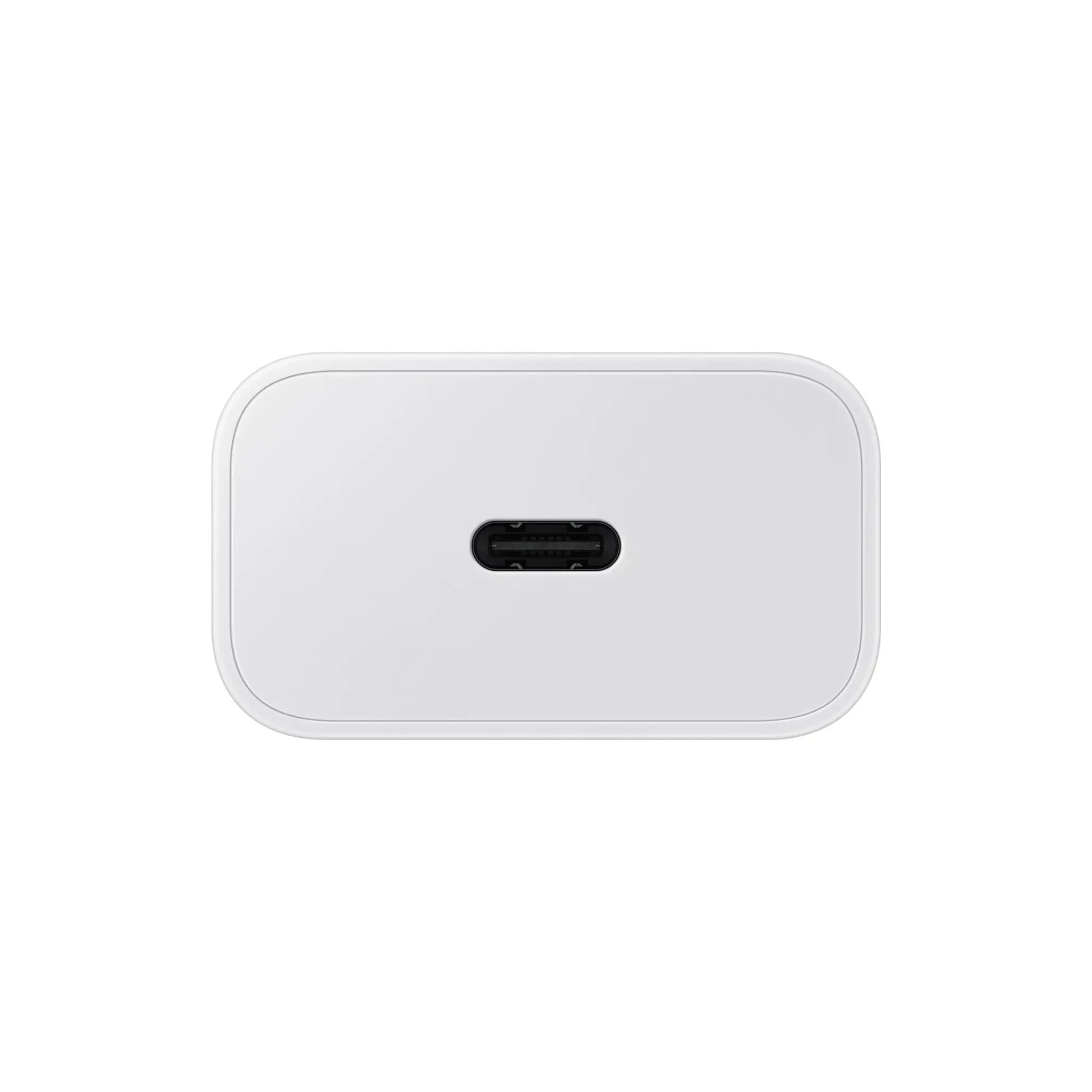 Das Bild zeigt das Samsung EP‑T2510N Ladegerät mit 25 W in Weiß aus der Detailansicht. Das Bild zeigt die USB-C Stecker Verbindung.