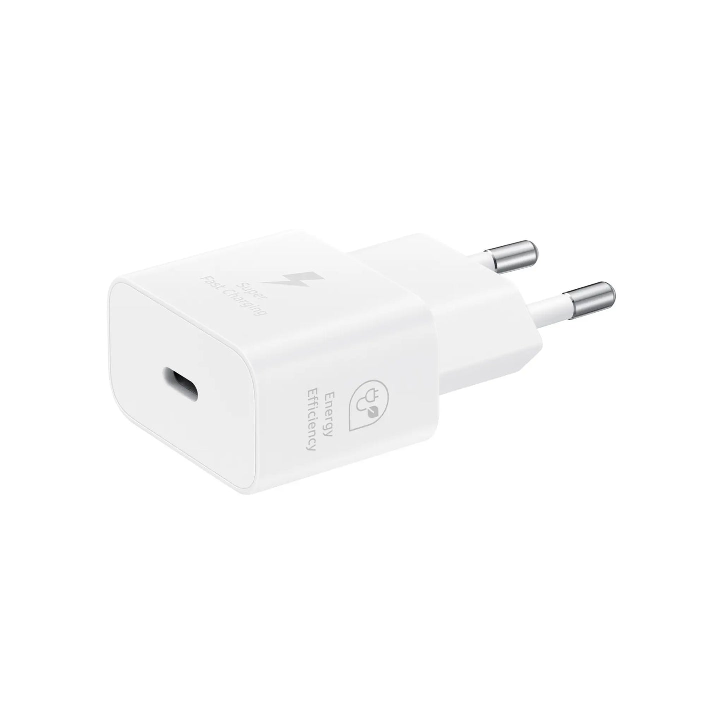Das Bild zeigt das Samsung EP‑T2510N Ladegerät mit 25 W in Weiß aus der Seitenansicht.