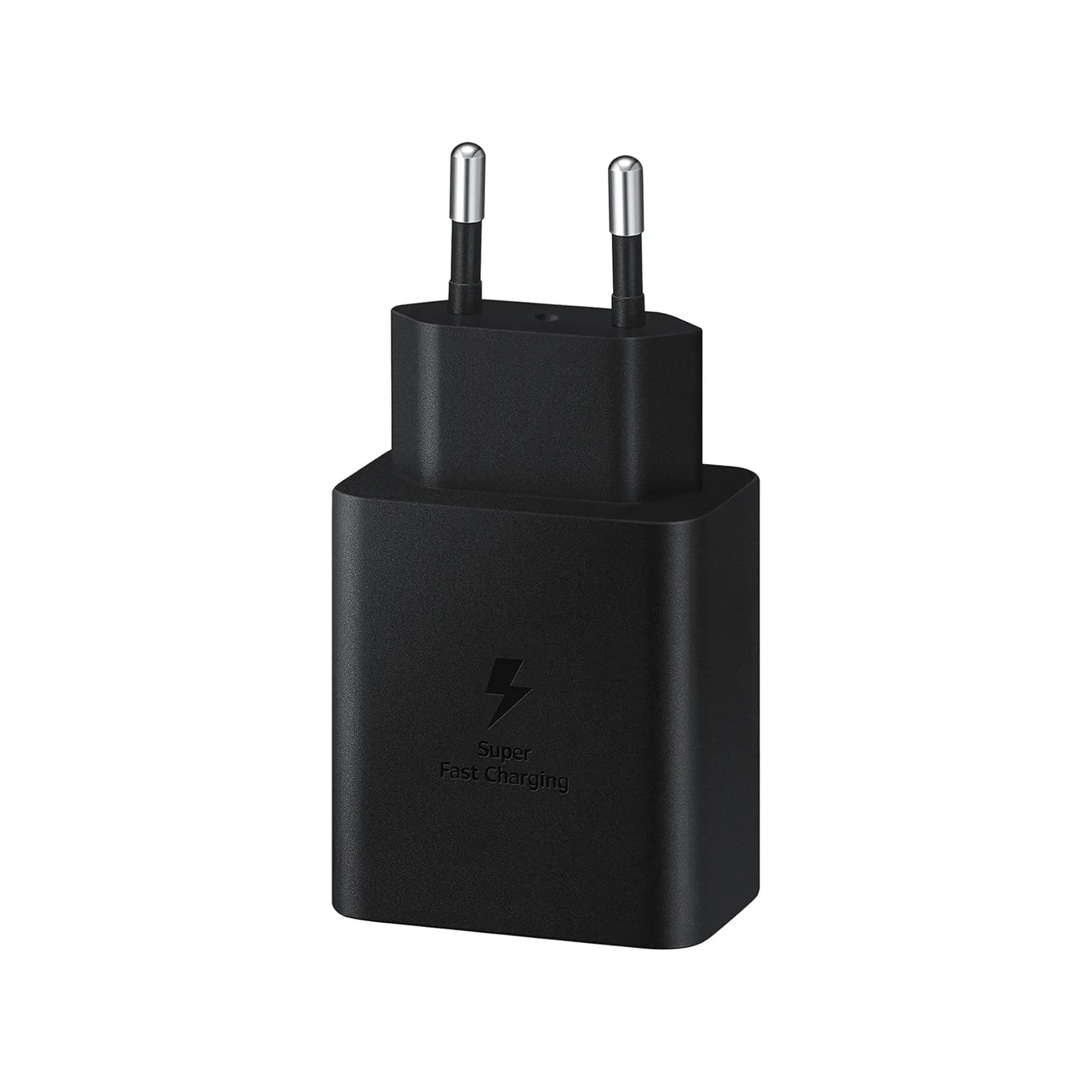 Das Bild zeigt das Samsung EP-T4510 Ladegerät mit 45 W Schwarz in der Seitenansicht.