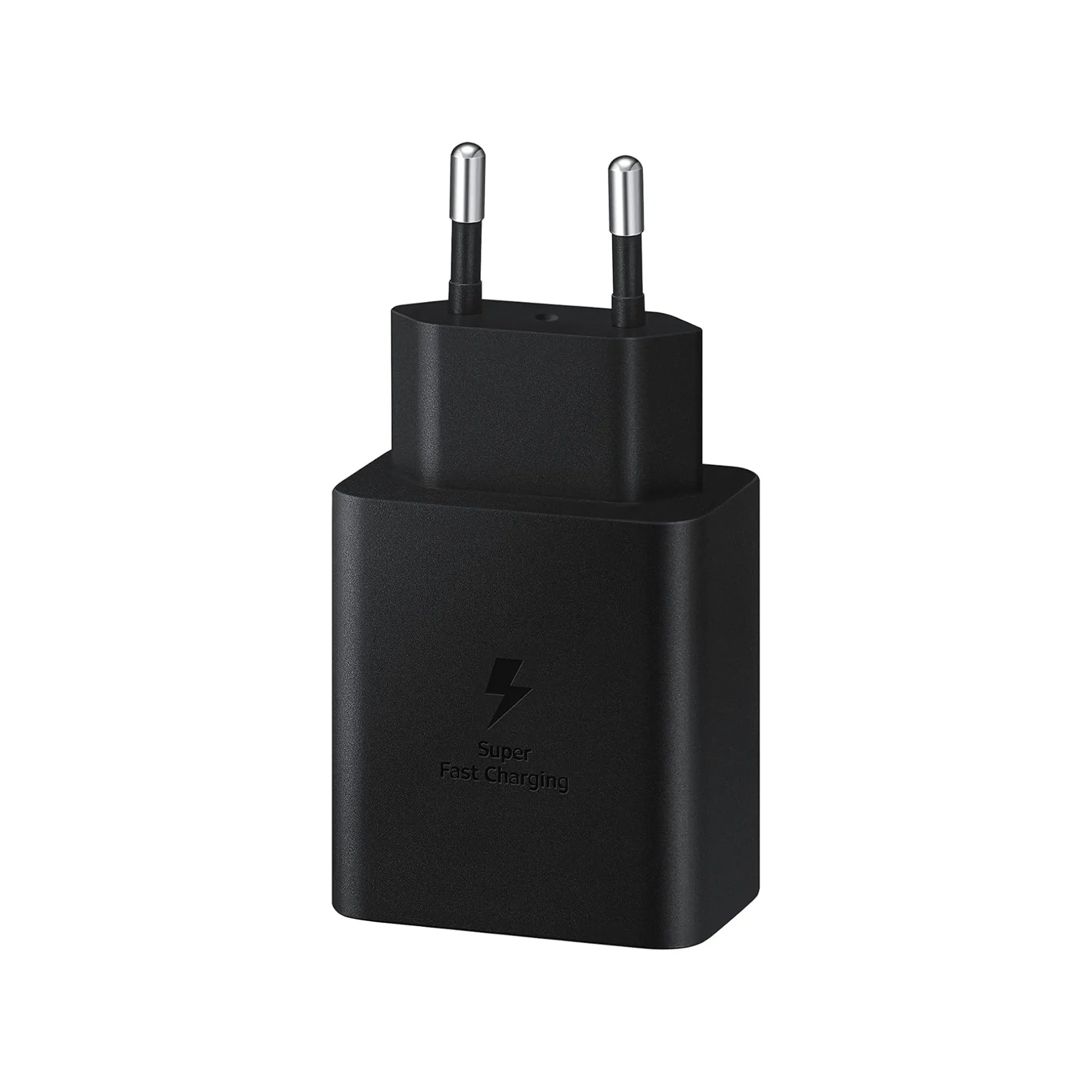 Das Bild zeigt das Samsung EP-T4510 Ladegerät mit 45 W Schwarz in der Seitenansicht.