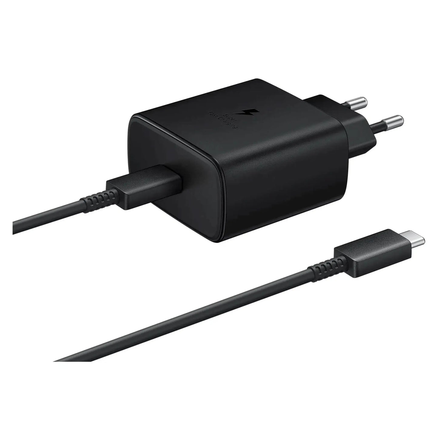Schwarzes samsung ep-t4510 ladegerät mit usb-c-anschluss, 1,8-meter-kabel und 45w schnellladefunktion für android-geräte.