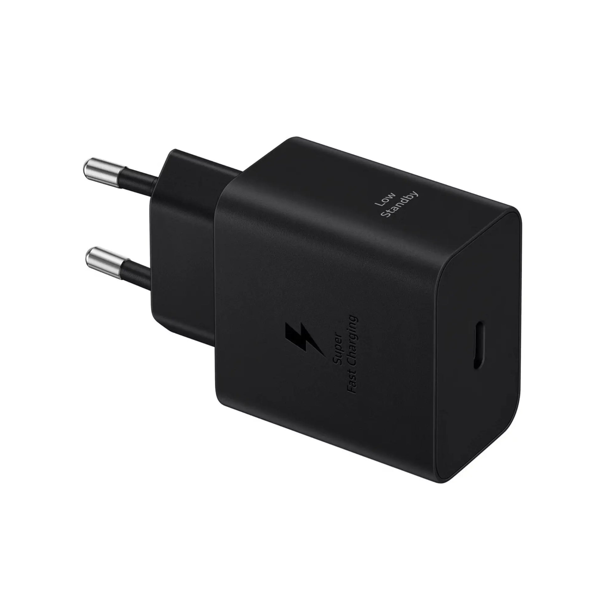 Das Bild zeigt das Samsung EP-T4511N Ladegerät 45W USB-C in Schwarz aus der Seitenansicht.