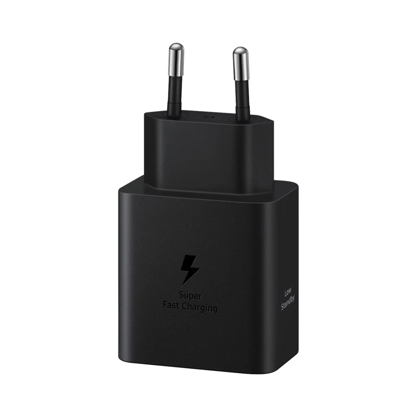 Das Bild zeigt das Samsung EP-T4511N Ladegerät 45W USB-C in Schwarz aus der Schrägansicht.