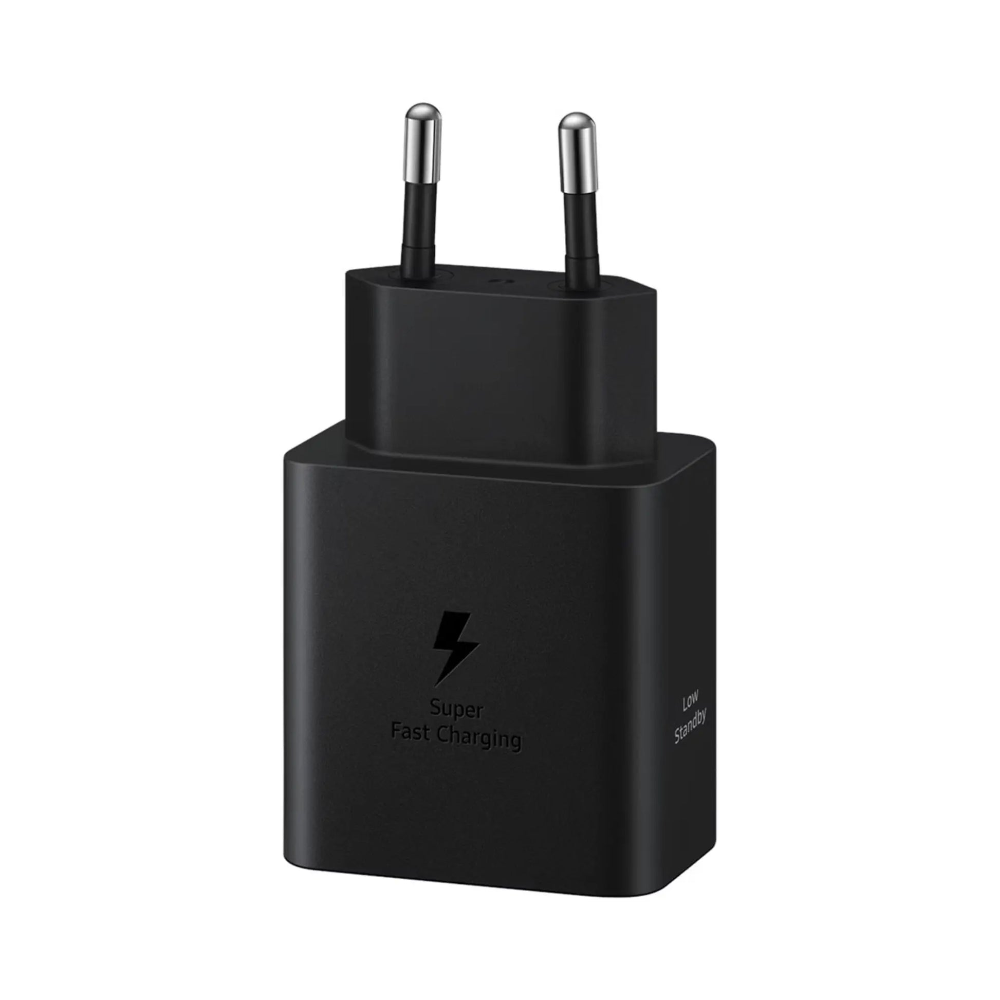 Das Bild zeigt das Samsung EP-T4511N Ladegerät 45W USB-C in Schwarz aus der Schrägansicht.