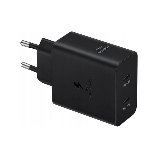 Das Bild zeigt das Samsung EP-T5020X Ladegerät 50W in Schwarz aus der Schrägansicht.