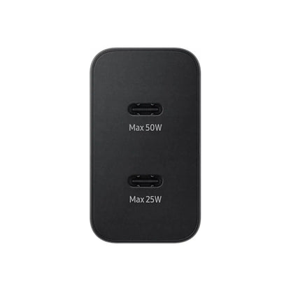 Das Bild zeigt das Samsung EP-T5020X Ladegerät 50W in Schwarz aus der Frontansicht.