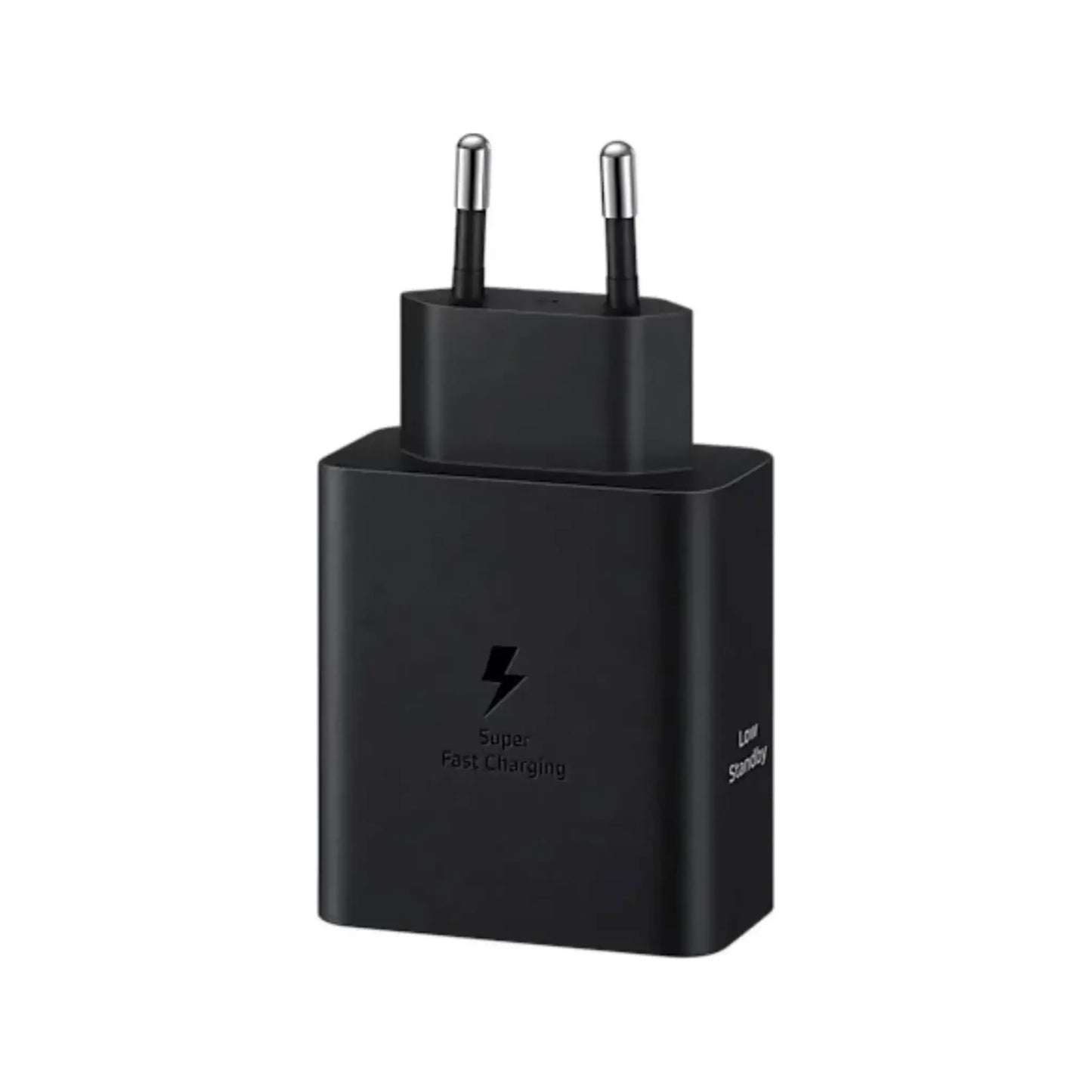 Das Bild zeigt das Samsung EP-T5020X Ladegerät 50W in Schwarz aus der Seitenansicht.