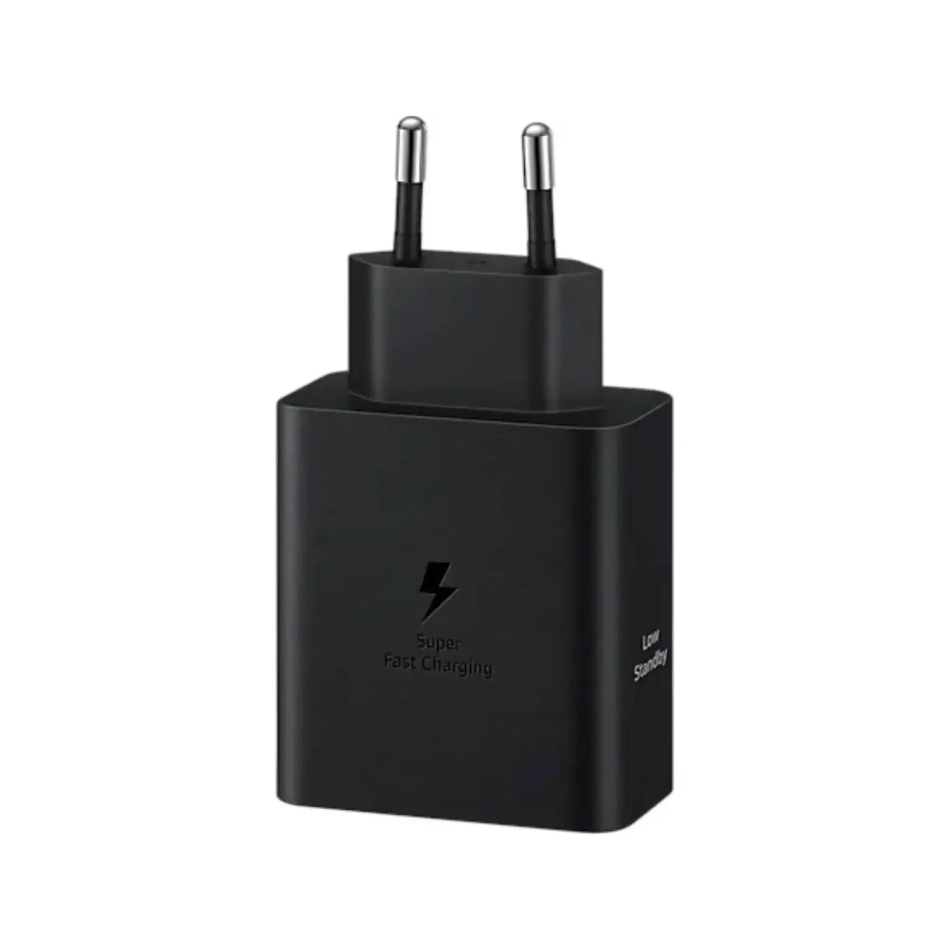 Das Bild zeigt das Samsung EP-T5020X Ladegerät 50W in Schwarz aus der Seitenansicht.