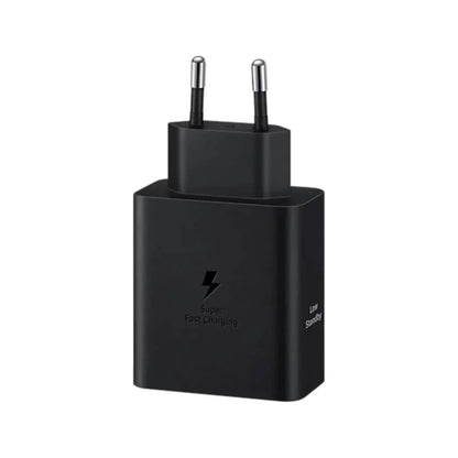 Das Bild zeigt das Samsung EP-T5020X Ladegerät 50W in Schwarz aus der Seitenansicht.