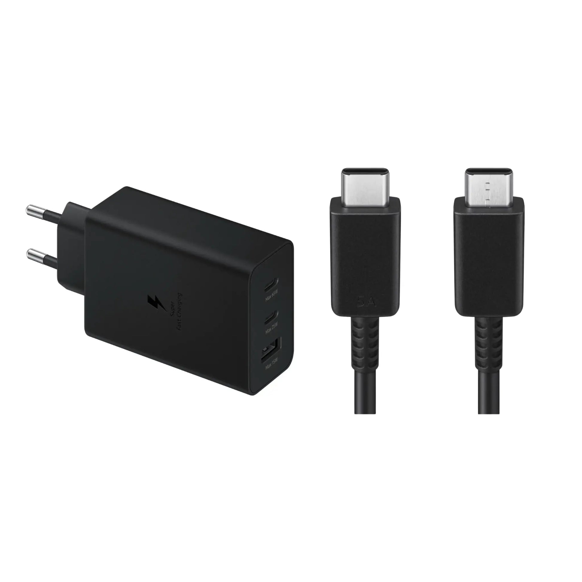 Das Bild zeigt das Samsung EP-T6530 Ladegerät 65W inkl. Ladekabel USB-C in Schwarz.