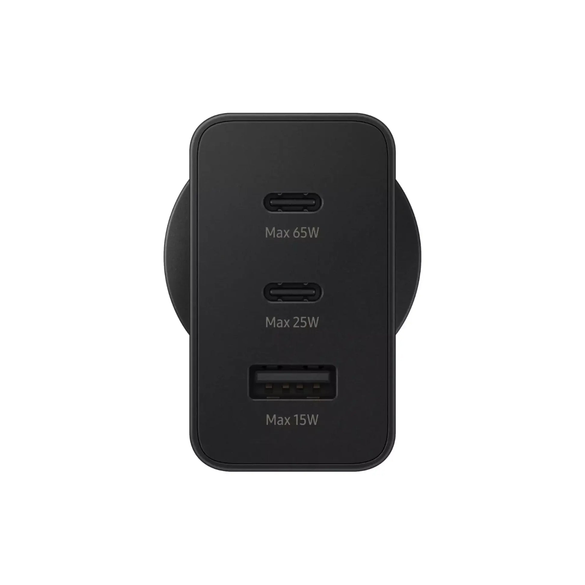 Das Bild zeigt das Samsung EP-T6530 Ladegerät 65W in Schwarz aus der Frontansicht.