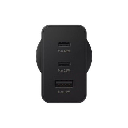 Das Bild zeigt das Samsung EP-T6530 Ladegerät 65W in Schwarz aus der Frontansicht.