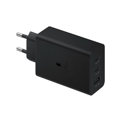 Das Bild zeigt das Samsung EP-T6530 Ladegerät mit 65 W in Schwarz aus der Seitenansicht.