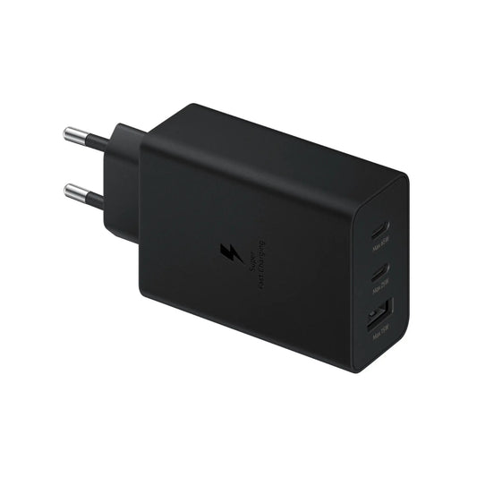 Das Bild zeigt das Samsung EP-T6530 Ladegerät mit 65 W in Schwarz aus der Seitenansicht.