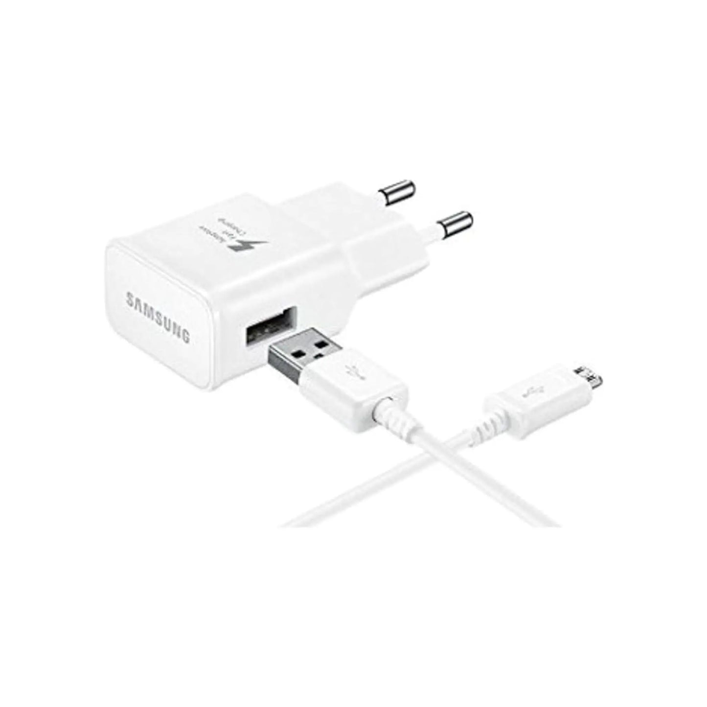 Das Bild zeigt das Samsung EP-TA20 Ladegerät mit 15 W inklusive Micro-USB-Ladekabel in Weiß.