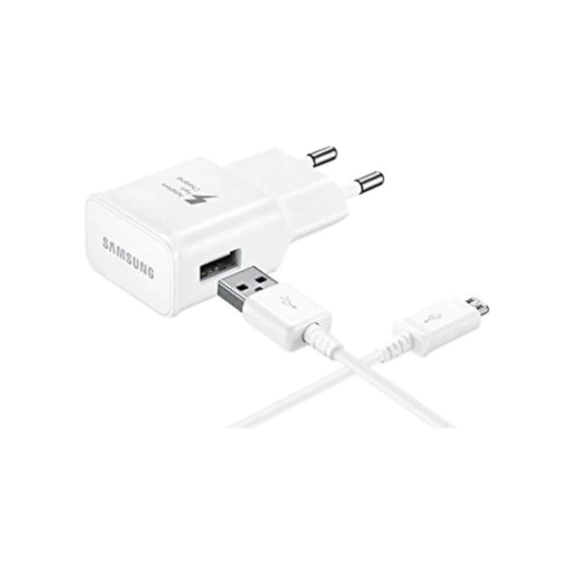 Das Bild zeigt das Samsung EP-TA20 Ladegerät mit 15 W inklusive Micro-USB-Ladekabel in Weiß.