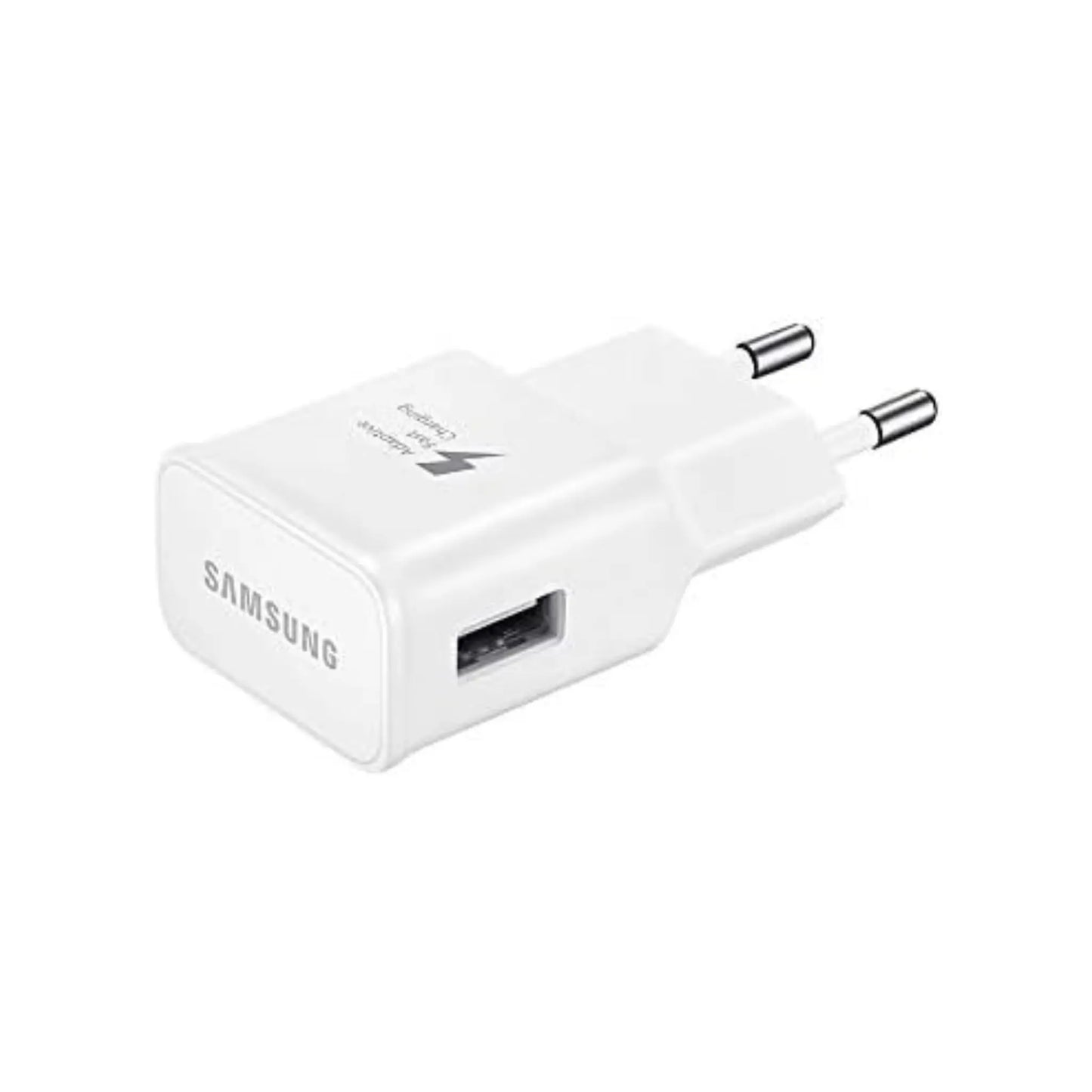 Das Bild zeigt das Samsung EP-TA20 Ladegerät mit 15 W in Weiß aus der Seitenansicht.