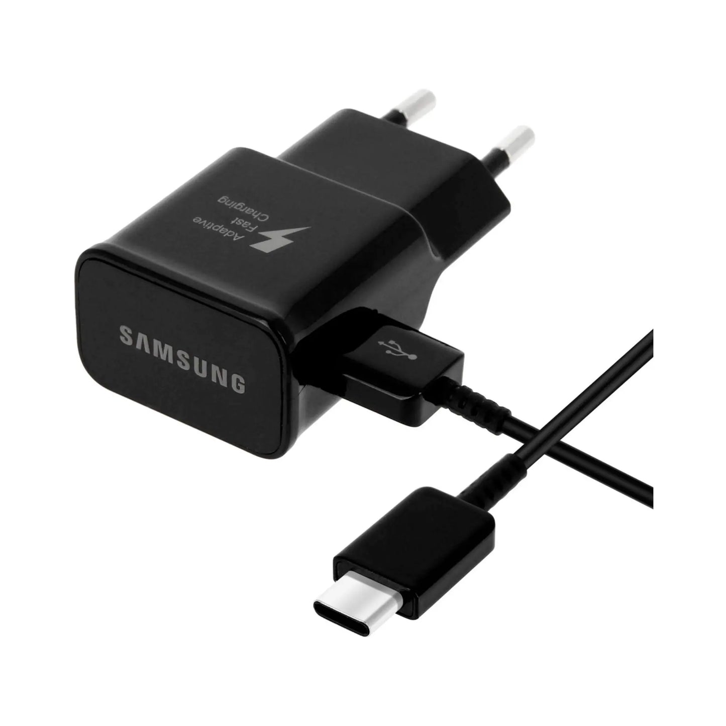 Das Bild zeigt das Samsung EP-TA20 Ladegerät 15W inkl. Ladekabel USB-C in Schwarz aus der Frontansicht.