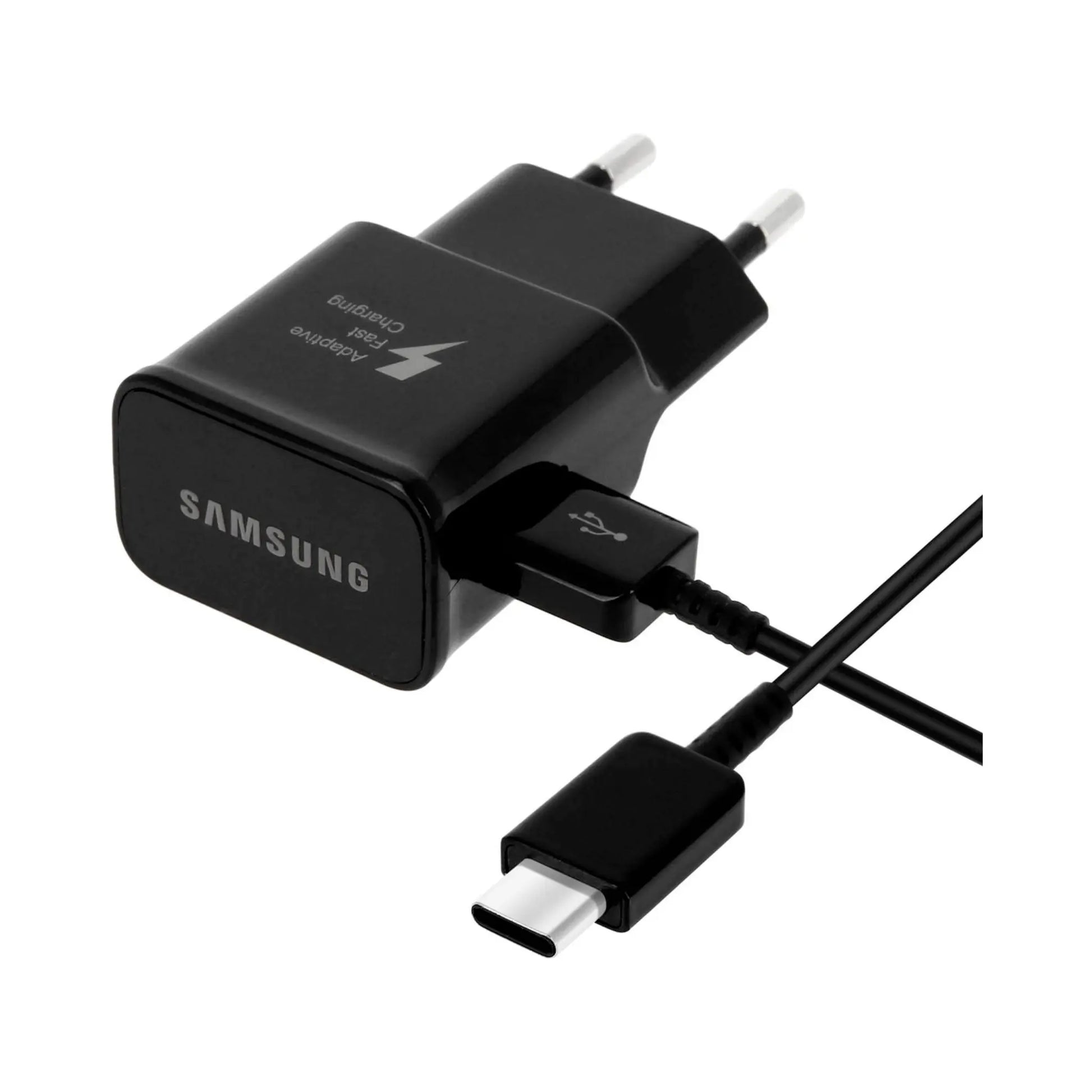 Das Bild zeigt das Samsung EP-TA20 Ladegerät 15W inkl. Ladekabel USB-C in Schwarz aus der Frontansicht.