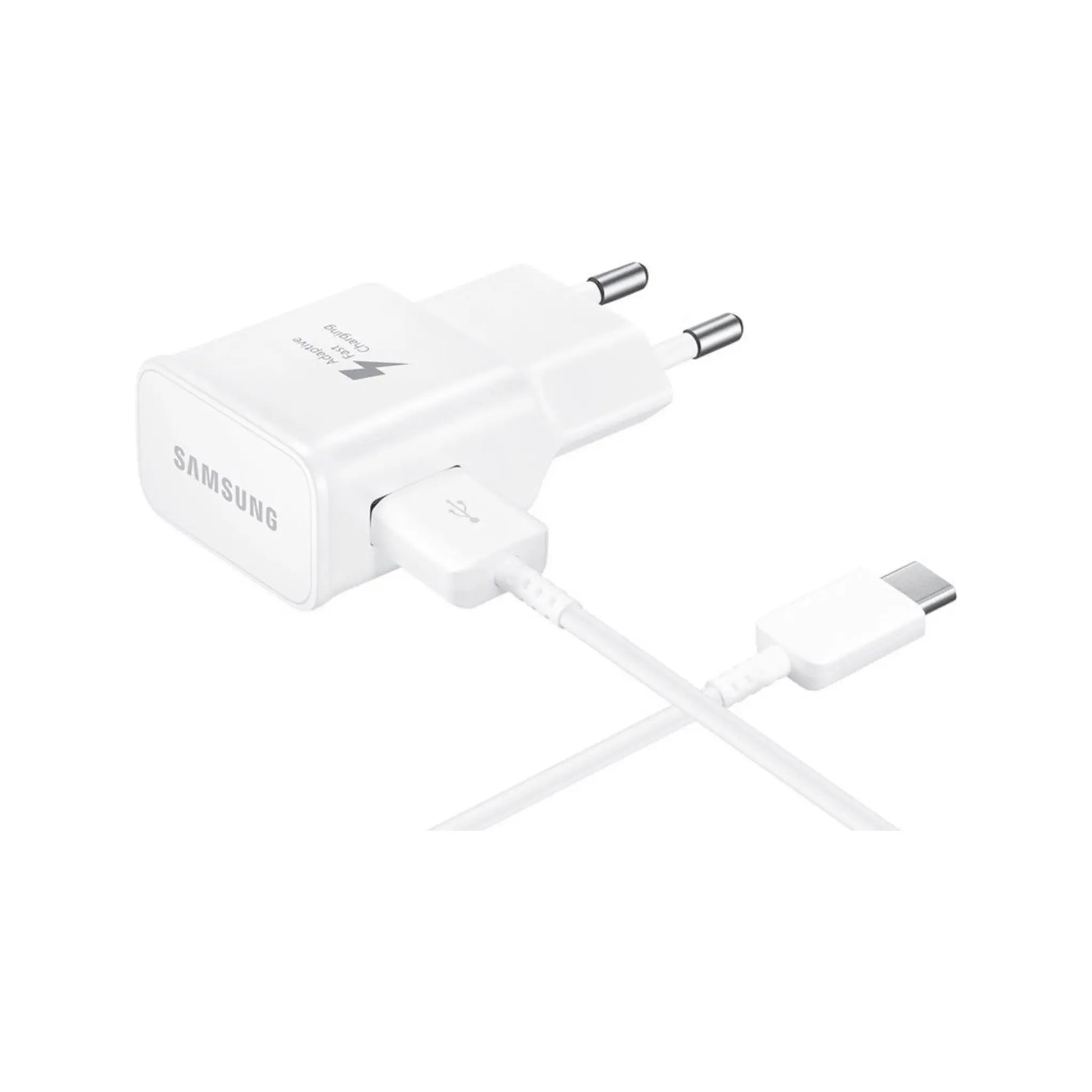 Das Bild zeigt das Samsung EP-TA20 Ladegerät 15W inkl. Ladekabel USB-C in Weiß aus der Frontansicht.