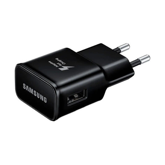 Das Bild zeigt das Samsung EP‑TA200 Ladegerät mit 15 W in Schwarz aus der Seitenansicht.