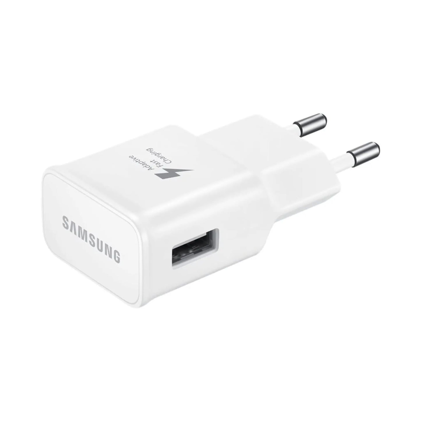 Das Bild zeigt das Samsung EP‑TA200 Ladegerät mit 15 W in Weiß aus der Seitenansicht.