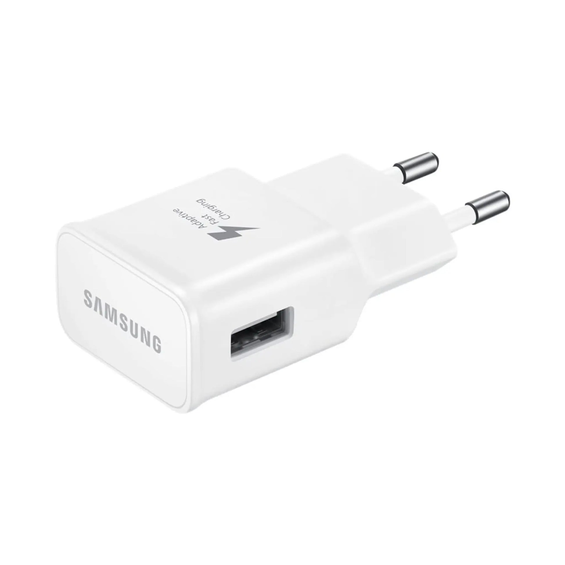 Das Bild zeigt das Samsung EP‑TA200 Ladegerät mit 15 W in Weiß aus der Seitenansicht.