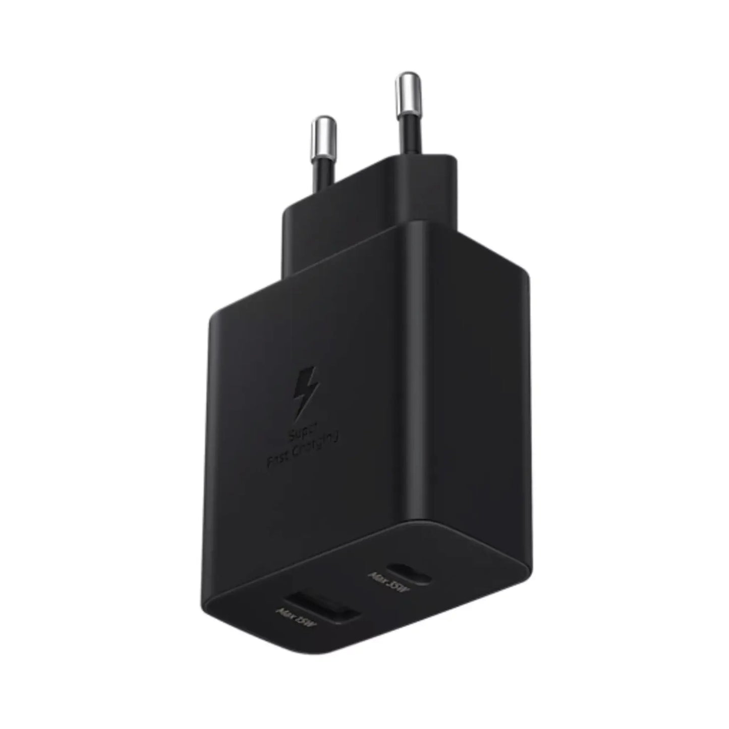 Das Bild zeigt das Samsung EP-TA220 Ladegerät mit 35 W in Schwarz aus der Seitenansicht.