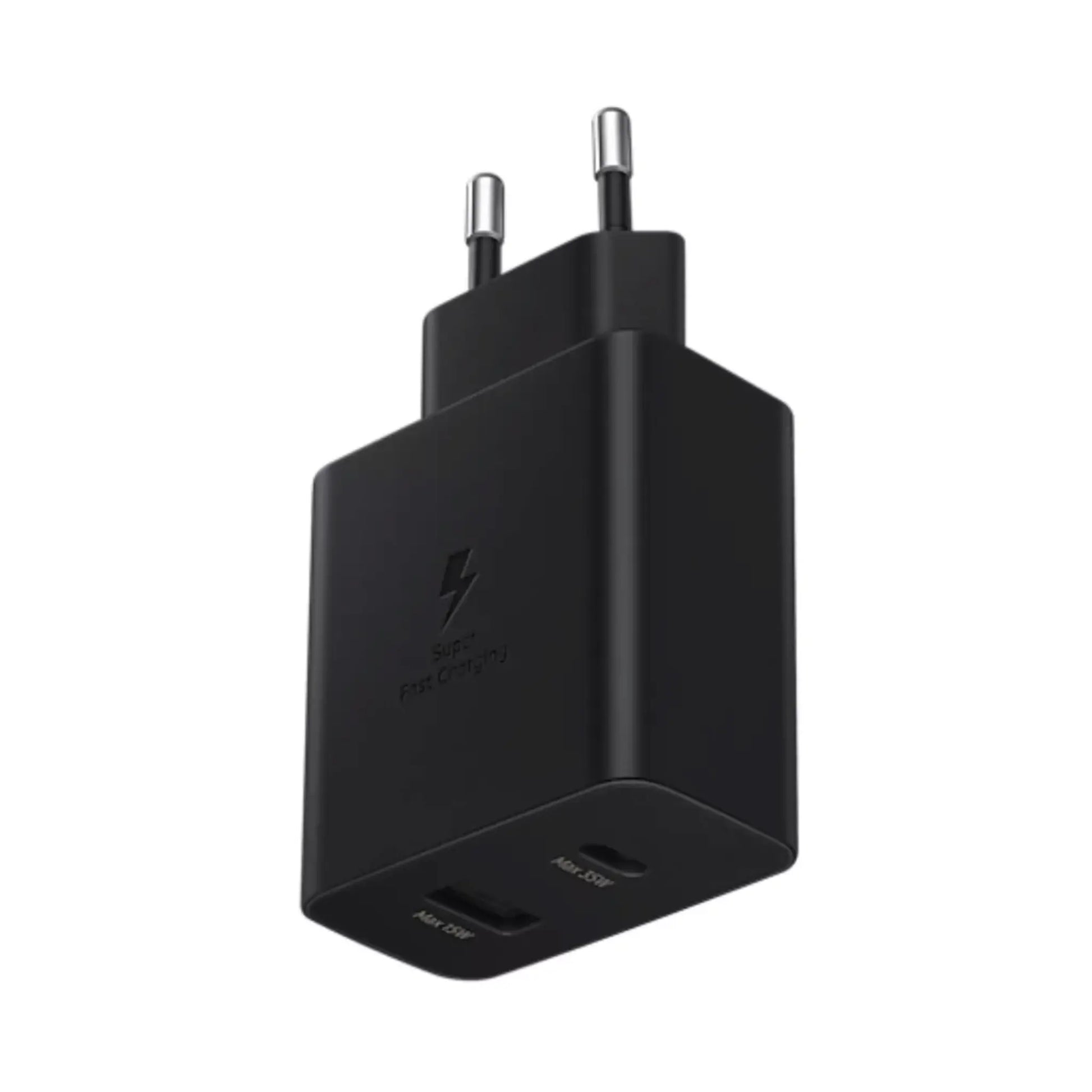 Das Bild zeigt das Samsung EP-TA220 Ladegerät mit 35 W in Schwarz aus der Seitenansicht.