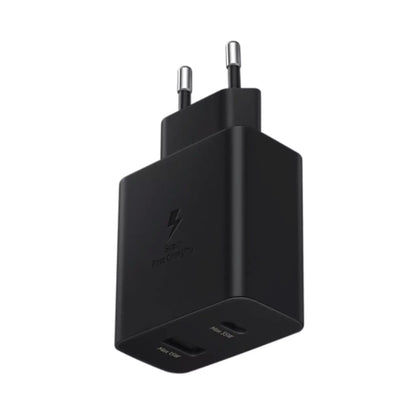 Das Bild zeigt das Samsung EP-TA220 Ladegerät mit 35 W in Schwarz aus der Seitenansicht.