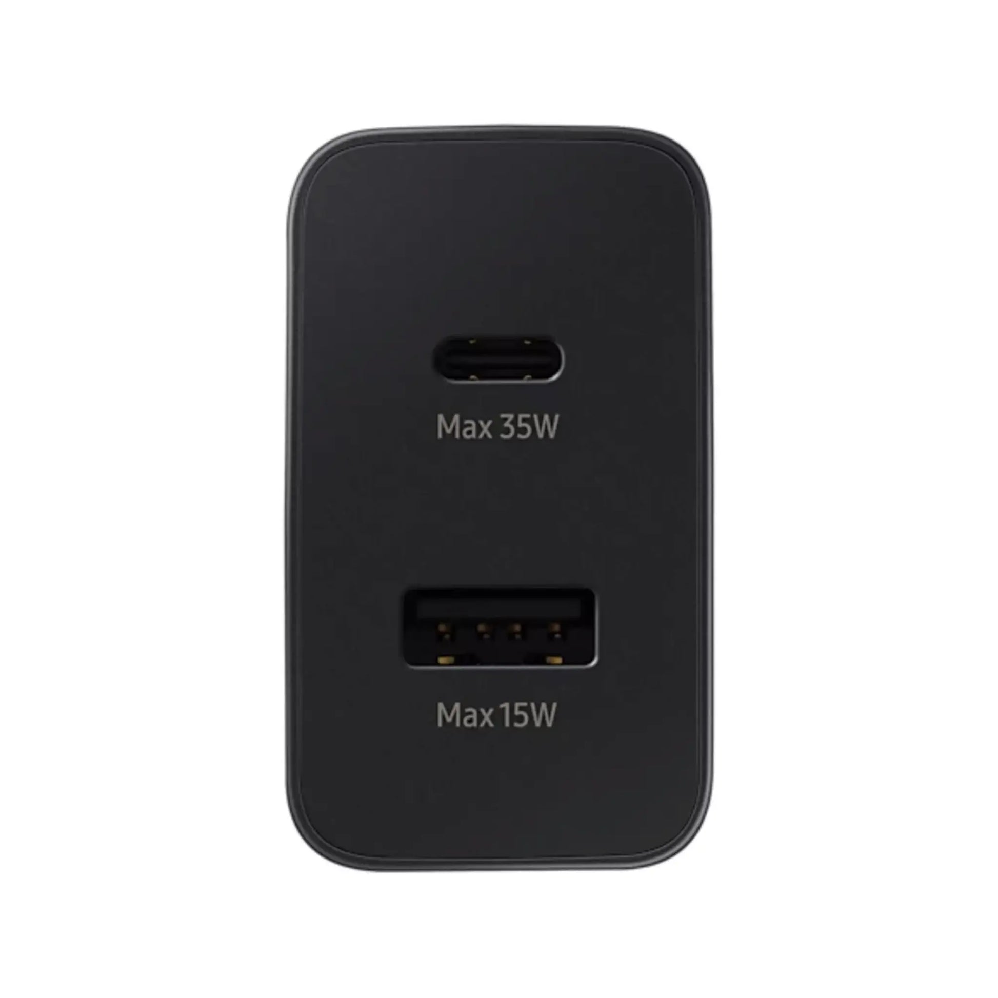Das Bild zeigt das Samsung EP-TA220 Ladegerät mit 35 W in Schwarz aus der Frontansicht.