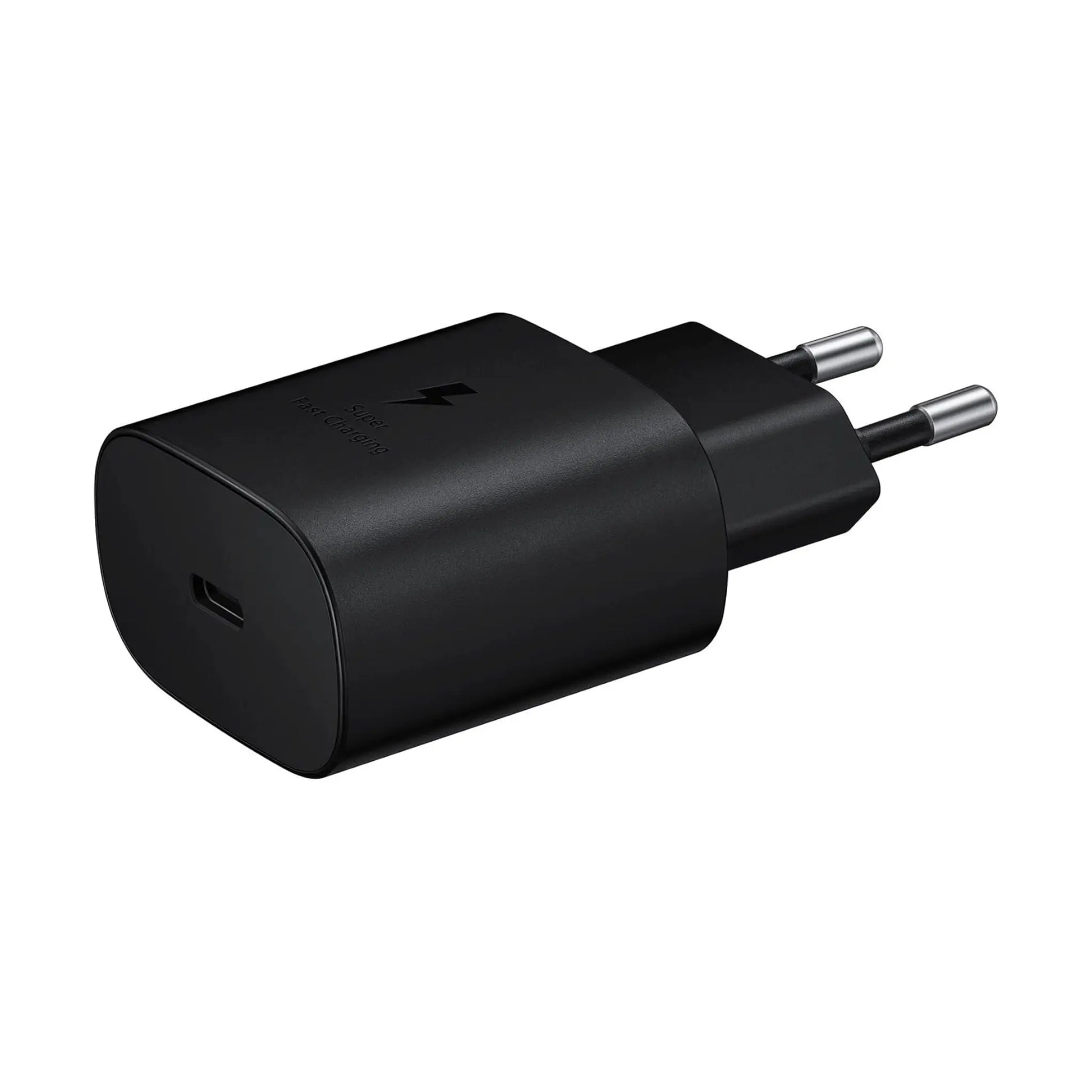 Das Bild zeigt das Samsung EP‑TA800 Ladegerät mit 25 W in Schwarz aus der Seitenansicht. 